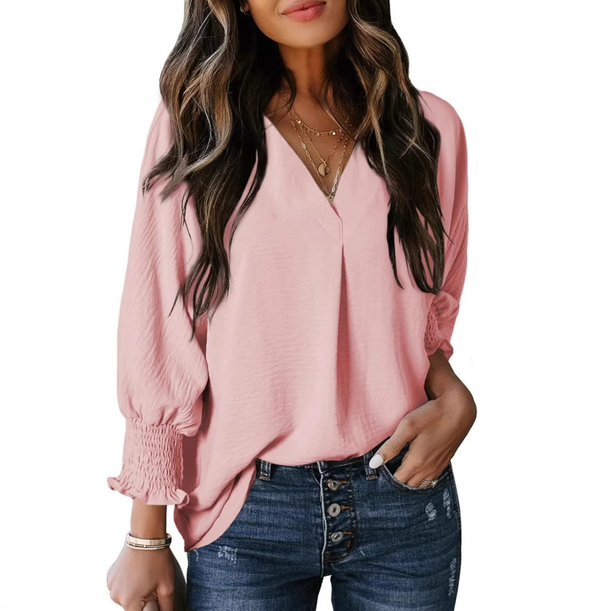 Tunikabluse mit V-Ausschnitt für Damen – fließendes, locker sitzendes Hemdkleid mit 3/4-Ärmeln in 16 Farben | Lässiges Oberteil aus Polyester für Arbeit und Alltag_voghion.com