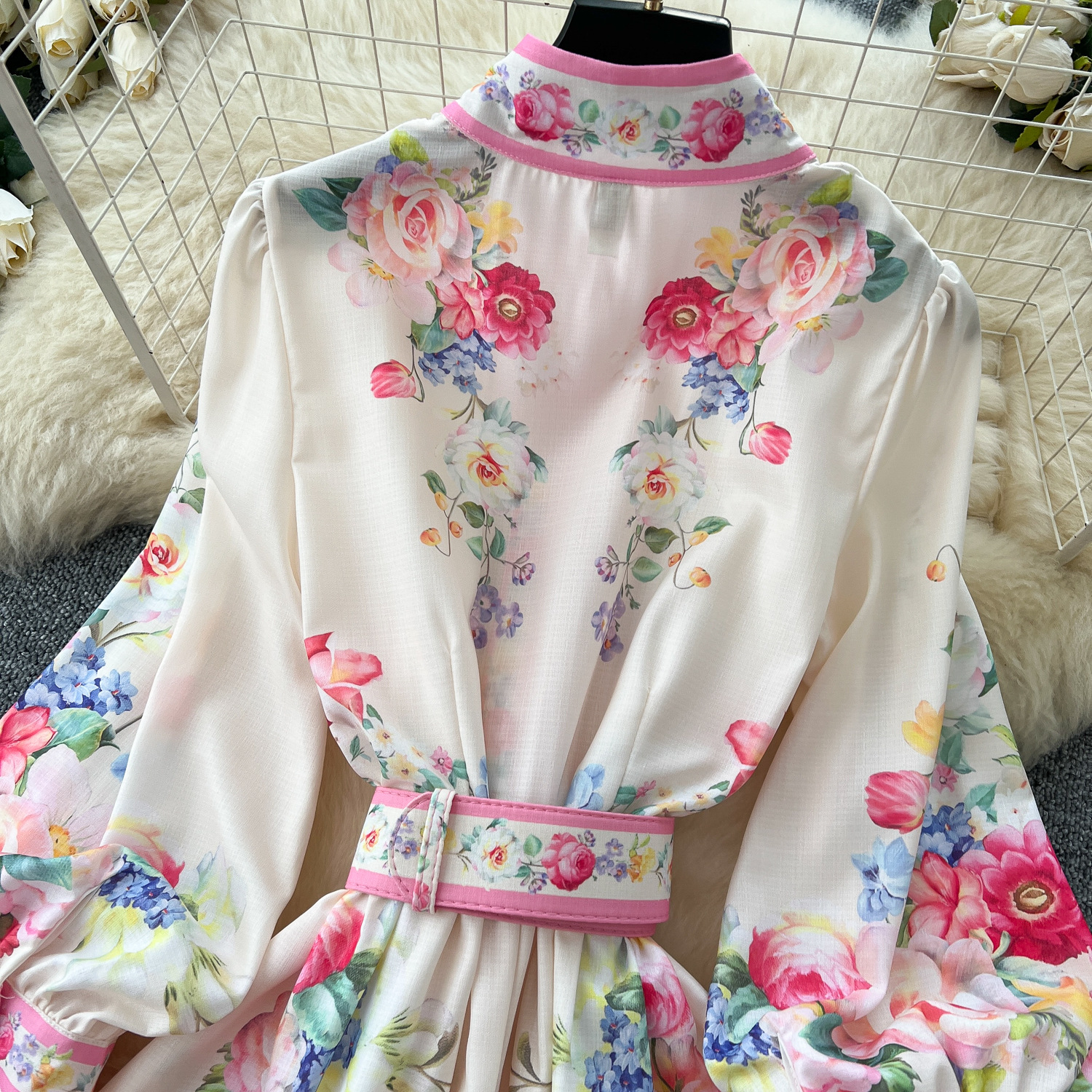 Women's Spring Resort Long Dress Lapel Lantern Sleeve Retro Print Waist Cinching Single Breasted Casual Elegant Fashion_ecoleips.com