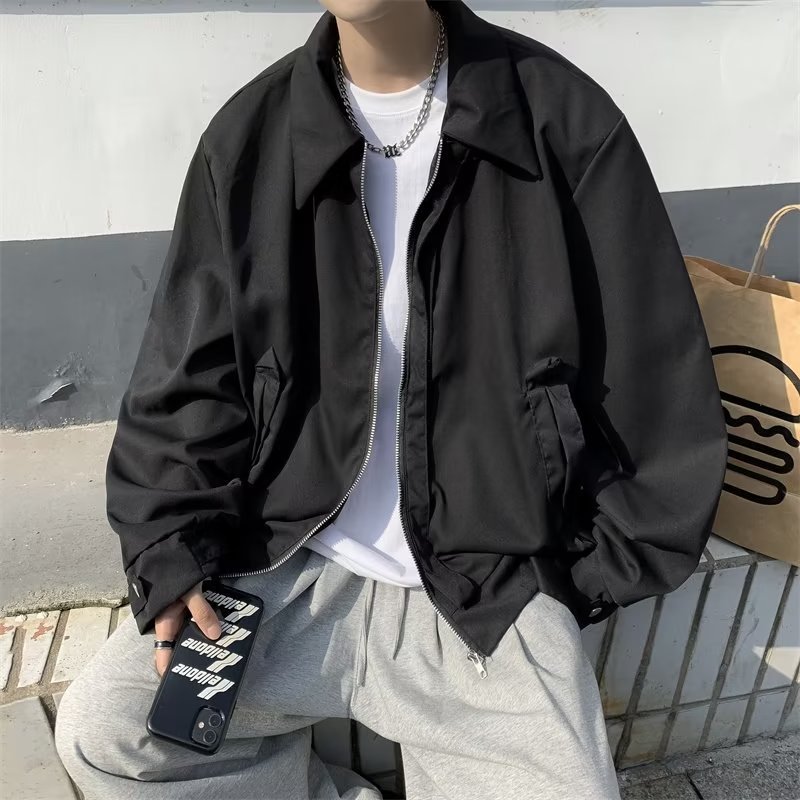 Chaqueta de trabajo retro de calle suelta con cuello alto japonés para hombre, chaqueta superior con cremallera de diseño chic de primavera y otoño