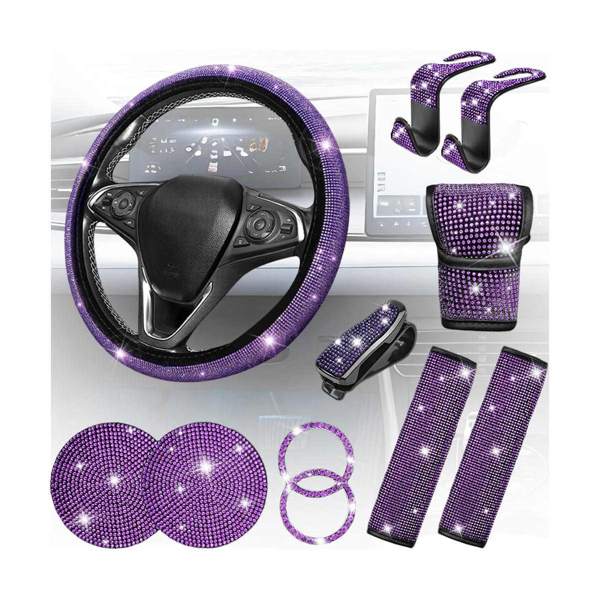 11-Piece Car Interior Set with Diamond-Encrusted Steering Wheel Cover, Car Hook, Glasses Holder, One-Touch Start Ring