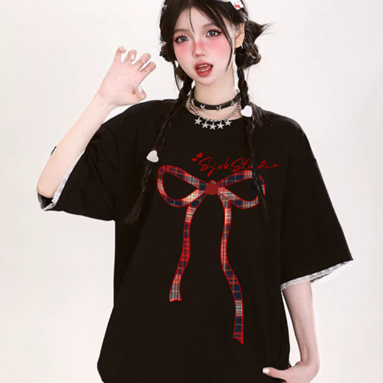 Sweet Bow Embroidered Lace Short-Sleeved T-Shirt for Women 2025 New Style This Year's Popular Beautiful Tops Are Slimming Look