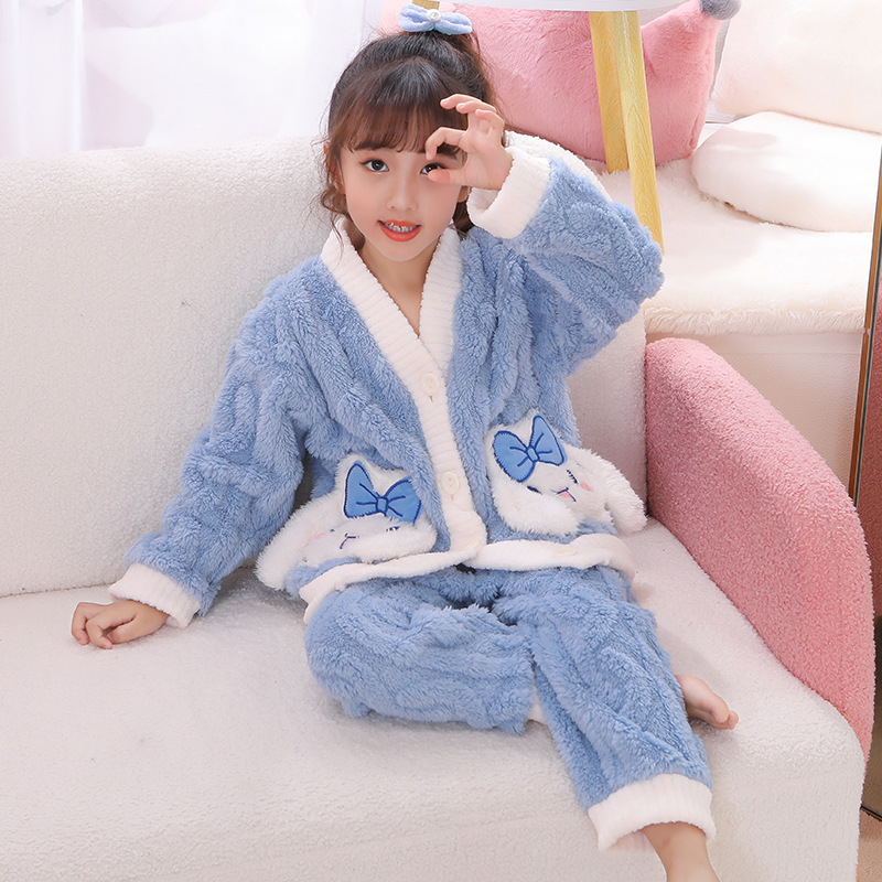 Otoño y invierno niños pijamas de franela niñas más terciopelo grueso coral terciopelo dibujos animados lindos set de ropa cálida para el hogar