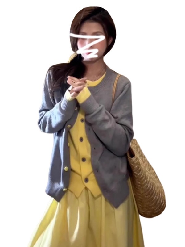 法式灰色假两件针织衫女开衫2025秋季新款毛衣外套高级感秋冬上衣|undefined