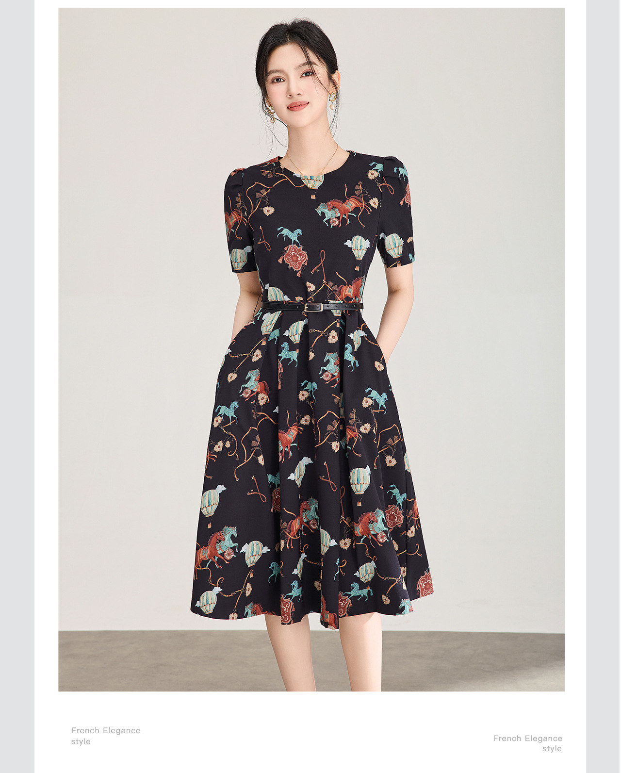 Đầm chữ A tay ngắn in họa tiết chiffon mùa hè — màu đen chi tiết 8