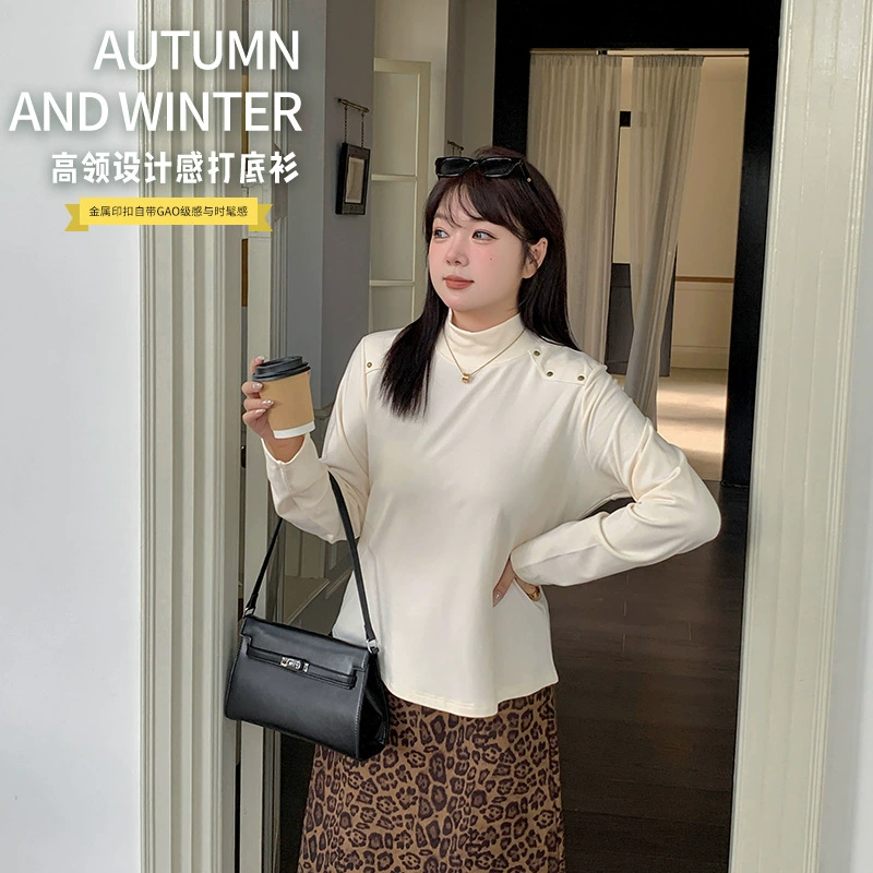 Двойной день 2024 новый большой размер женская толстая сестра 200 фунтов высокий воротник дизайн с длинными рукавами осенняя и зимняя нижняя рубашка L309