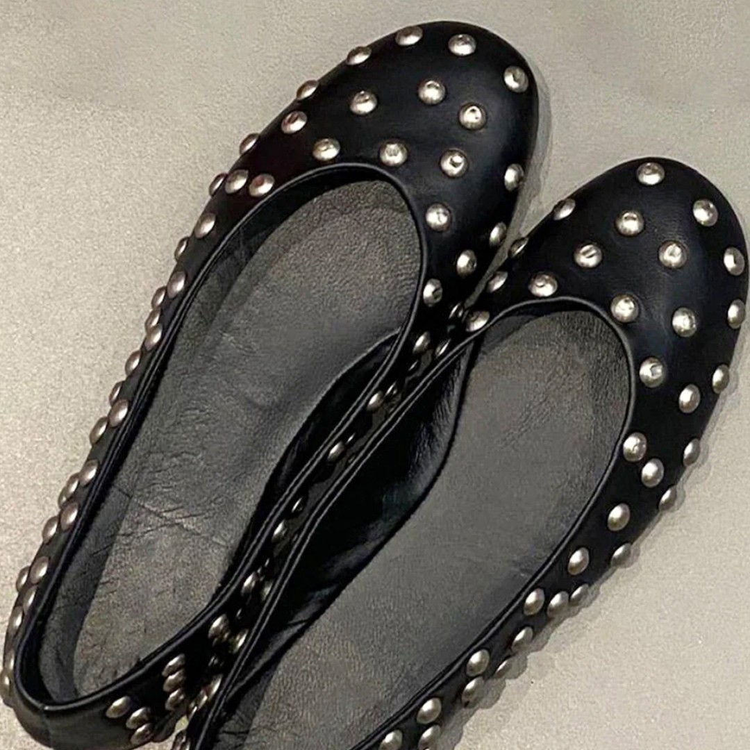 Sheepskin version~Unique rivet round-toe slip-on ballet shoes for women, genuine leather versatile shallow slip-on flat shoes