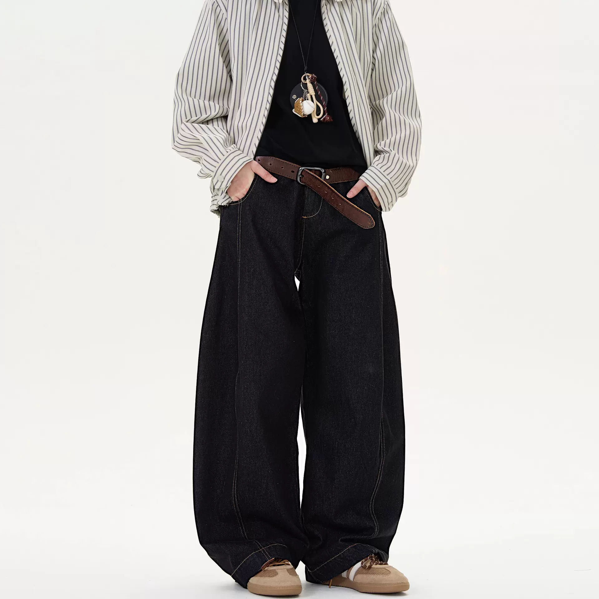 复古丹宁黑色阔腿弯刀牛仔裤男春秋季新款美式百搭直筒宽松休闲裤