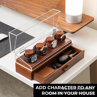 Wooden Watch Storage Box with Drawer Flip-Top Transparent Cover Home Desktop Watch Wristband Storage and Organization Box