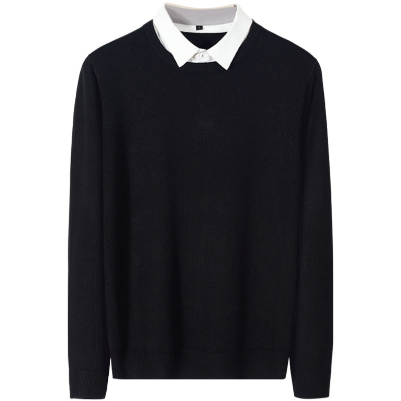 Fake two-piece sweater men's autumn and winter black shirt collar men's inner bottoming top sweater overalls customization