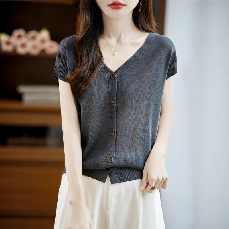 2025 New Summer Style Ice Linen Knitted Small Flying Sleeve T-Shirt Women's Cardigan Top Thin Breathable Loose Slimming Look Elegant Small Shirt t