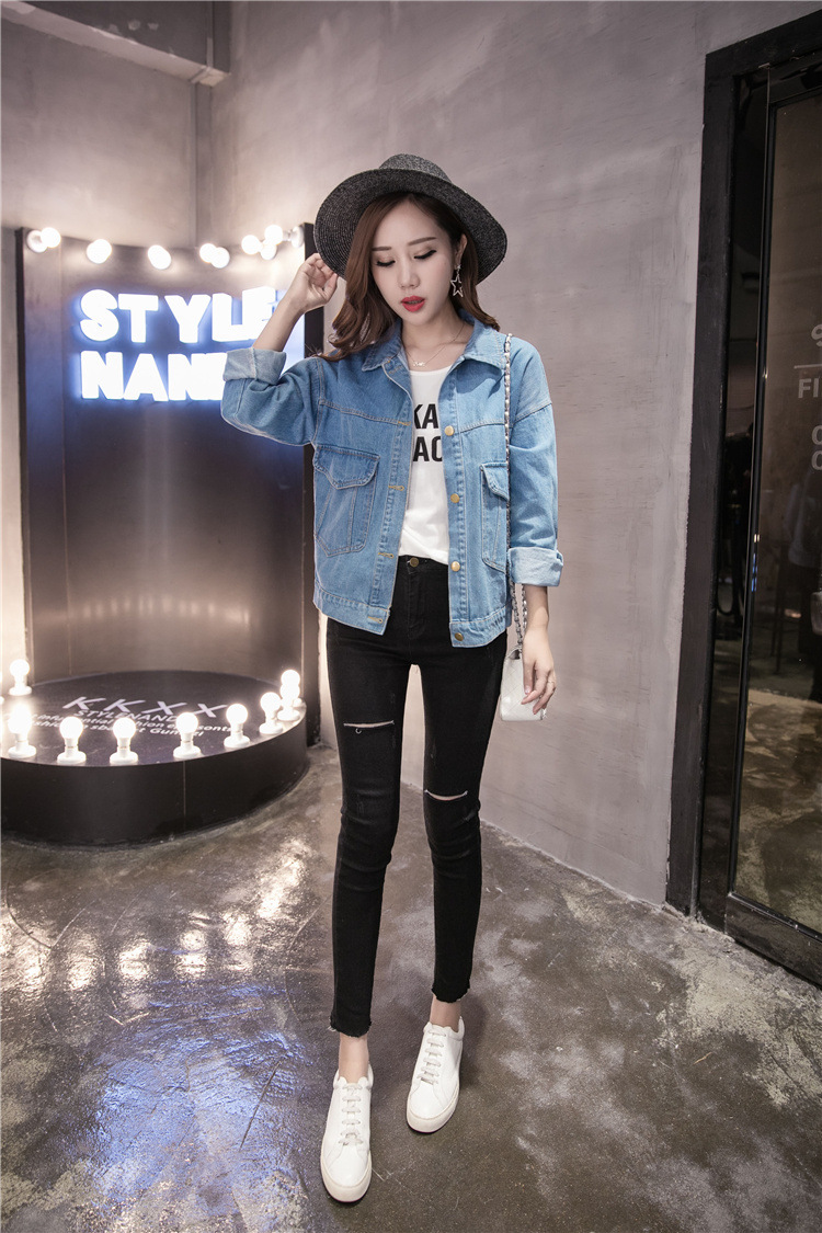 595g Weight Denim Jacket Outerwear Type Long Sleeve Sleeve Length Single Breasted Placket Type Denim Fabric Type Regular Top Length Coat Tops Type Casual, Daily Occasion Turndown, Hooded Neckline Loose Fit Type Color Block Pattern Spring, Autumn Season Women's Gender Printing Design Streetwear Style Women's Streetwear Color Block Printing Single Breasted Coat Denim Jacket 12