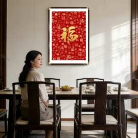 新中式百福图玄关铜角装饰画入户正对门挂画喜庆红色福字壁画
