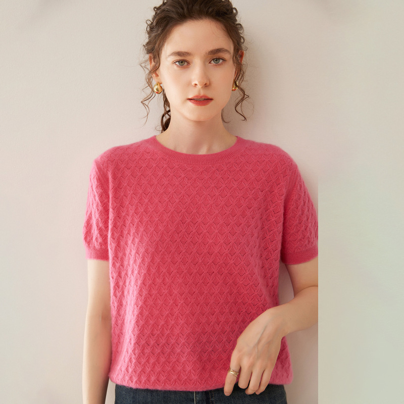 Hollow Round Neck Short Sleeves ~ 100% Pure Cashmere Knitwear Half-Sleeved Women's Loose Slimming Look Bottoming Shirt Tops Wholesale Hollow Round Neck Short Sleeves ~ 100% Pure Cashmere Knitwear Half-Sleeved Women's Loose Slimming Look Bottoming Shirt Tops Wholesale