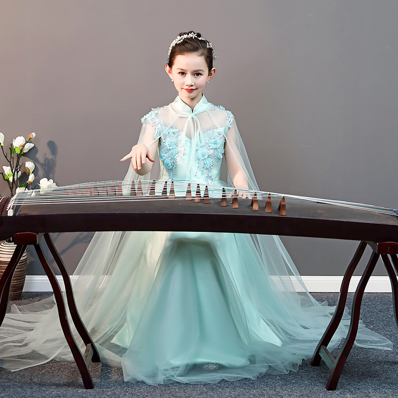 Children's Guzheng Hanfu Ethereal Girls Green Guzheng Erhu Performance Costume Little Girl Art Exam Classical Dance Performance Costume