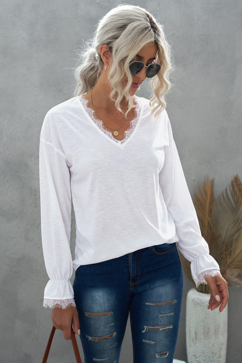 solid color lace V-neck long-sleeved T-shirt  nihaostyles wholesale clothing NSQSY87473