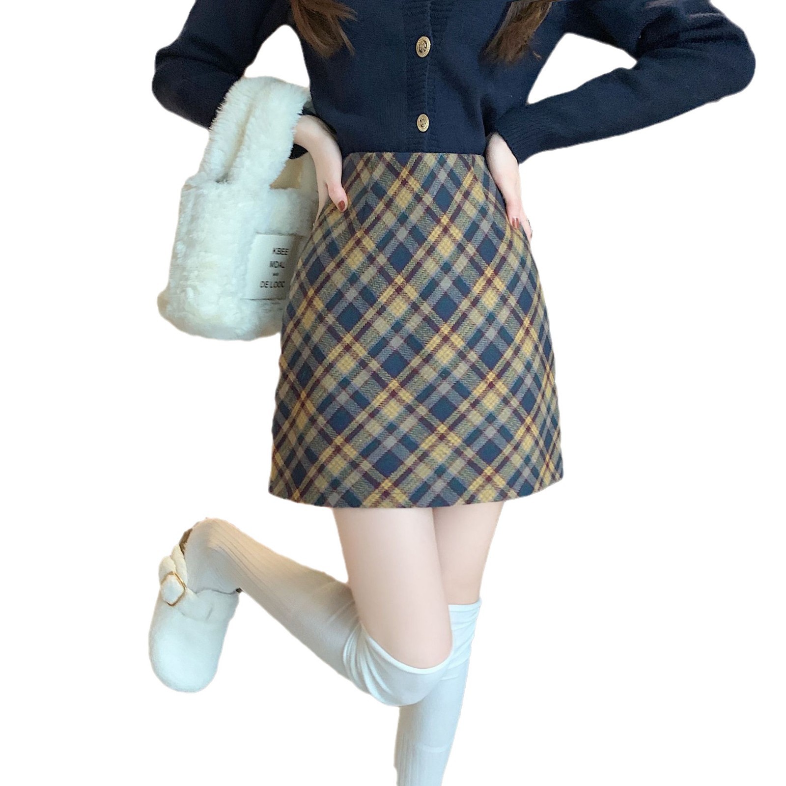 Plaid Woolen Skirt Women's Autumn and Winter Design Sense A- word Plaid Skirt Retro Elegant High Waist Hip Skirt Wholesale