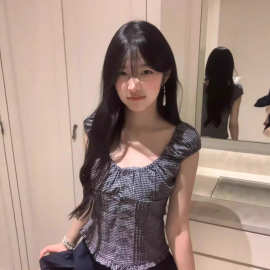 设计感格子方领短袖衬衫T恤女夏季修身显瘦小个子百搭短款上衣