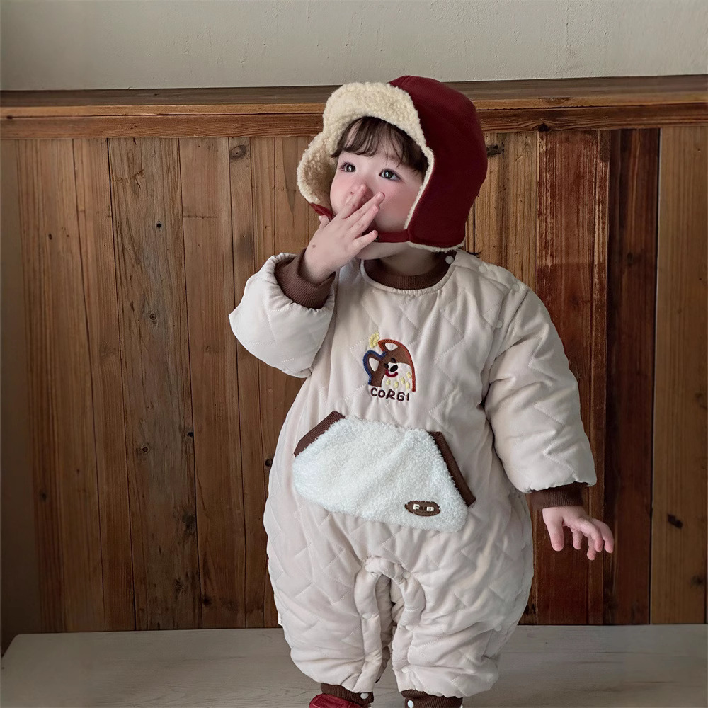Ropa coreana para niños, ropa de invierno, mamelones gruesos y cálidos, dibujos animados, cachorros lindos con la cabeza inclinada, una pieza