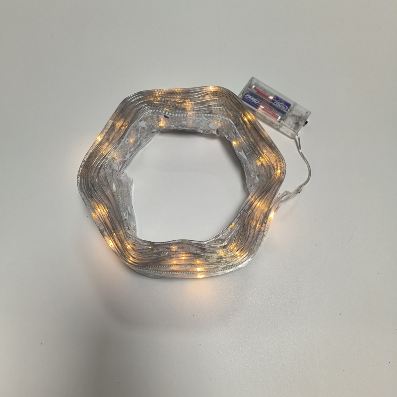 #D11圣诞发光彩带-5米50灯2AA常亮带闪银色彩带暖白灯