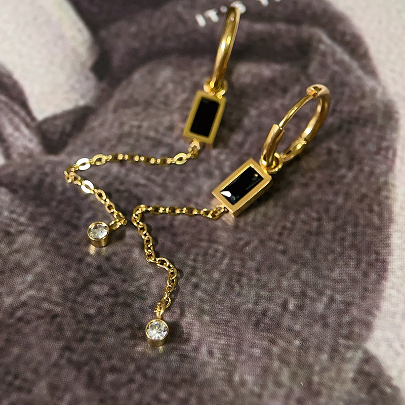 Square Pattern Fashion Square Titanium Steel Tassel Inlay Zircon Drop Earrings 1 Pair