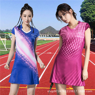 Quick-drying V-neck badminton clothes dress women's volleyball clothes slim waist women's table tennis clothes printed mesh jersey