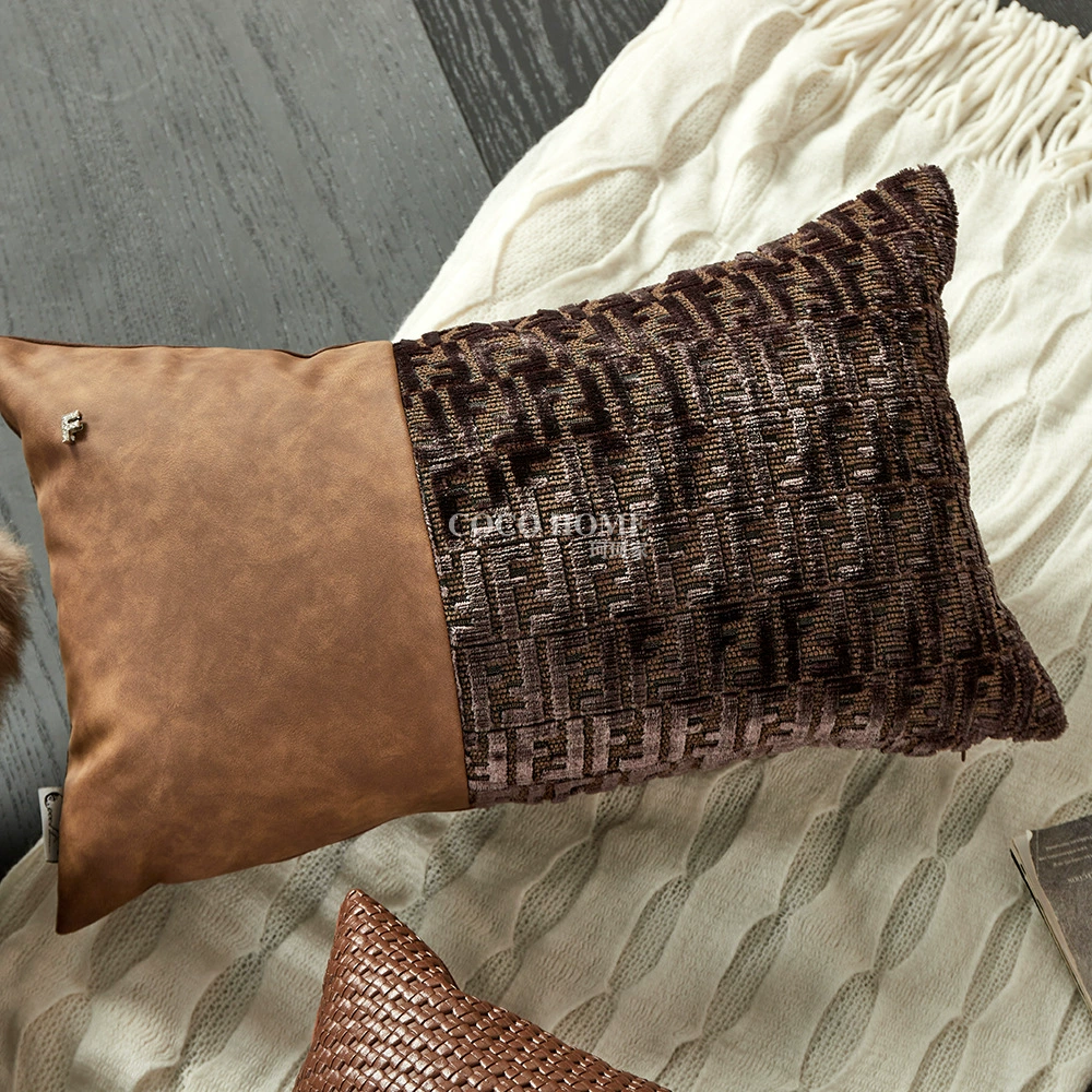 French light luxury brown sofa pillow with pillow connected to villa living room embossed PU cushion waist pillow model room high-end