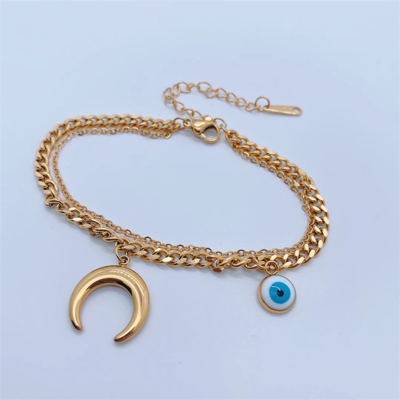 Fashion 18k Gold Plating Moon Eye Double Chain Titanium Steel Bracelet display picture 2