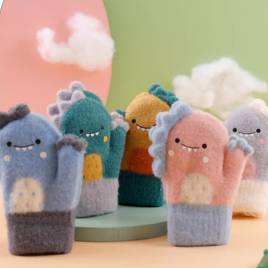 儿童小手套1-3宝宝可爱连指包仔戴绳索加绒加厚双层针织保暖手套