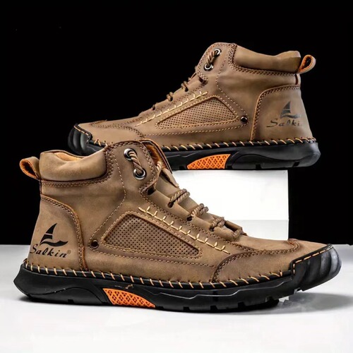 Autumn and winter plus-size men's leather boots, fashionable handmade stitched men's boots, outdoor lace-up mid-top casual men's shoes