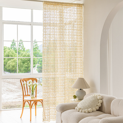 American style edited lace gauze hook needle beige sheer window curtain half-transparent living room balcony bedroom finished bay window