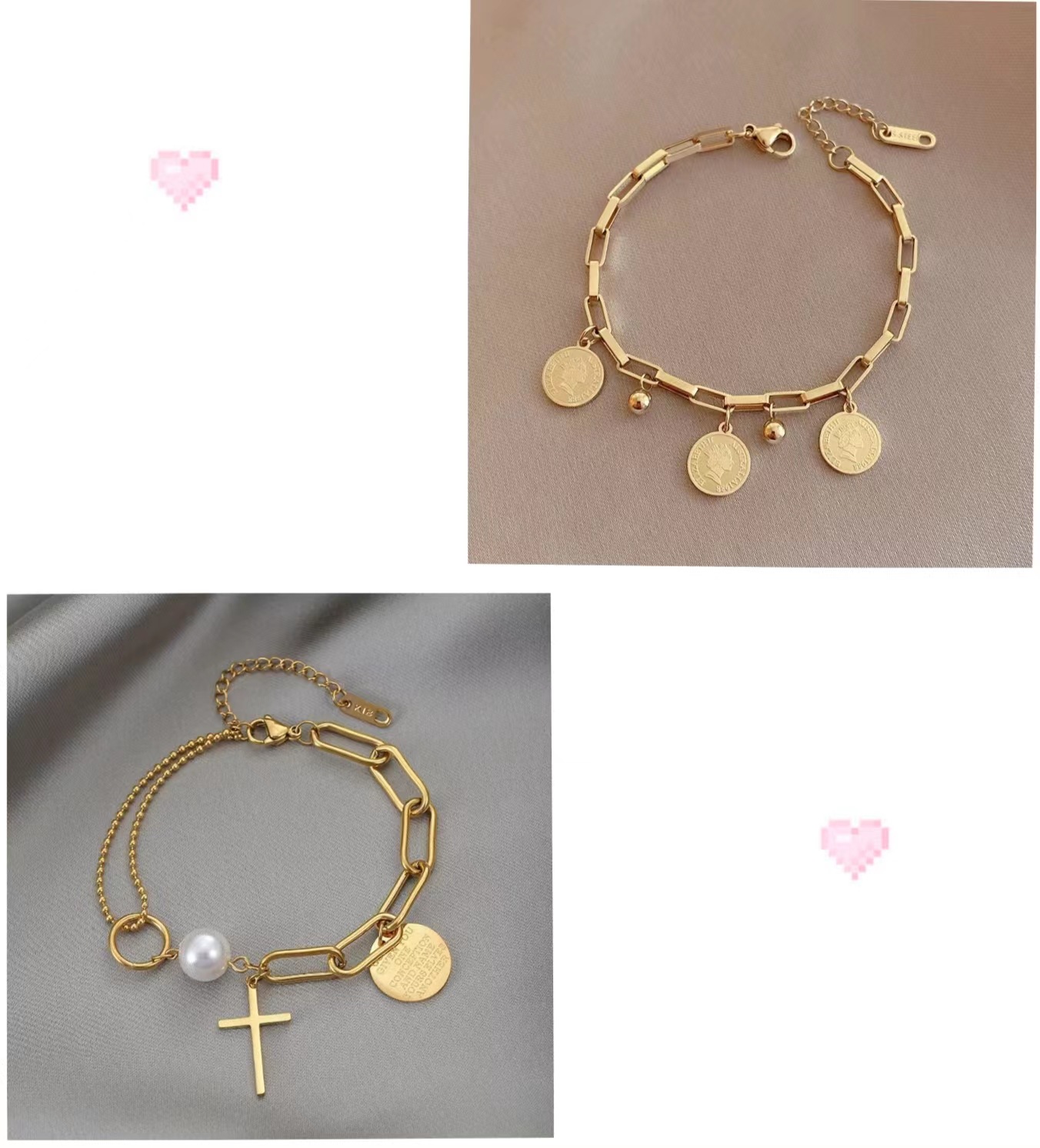 Retro Cross Round Titanium Steel Inlay Artificial Pearls Bracelets 1 Piece