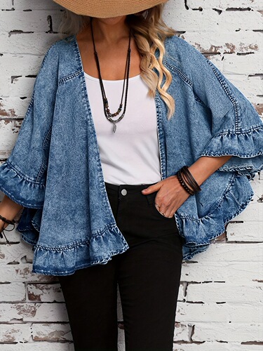 Women's Denim Jacket With Fashionable Ruff Washed Solid