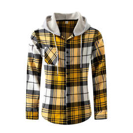 跨境 亚马逊 wish春秋热销法兰绒格子连帽街头休闲男士衬衫大码