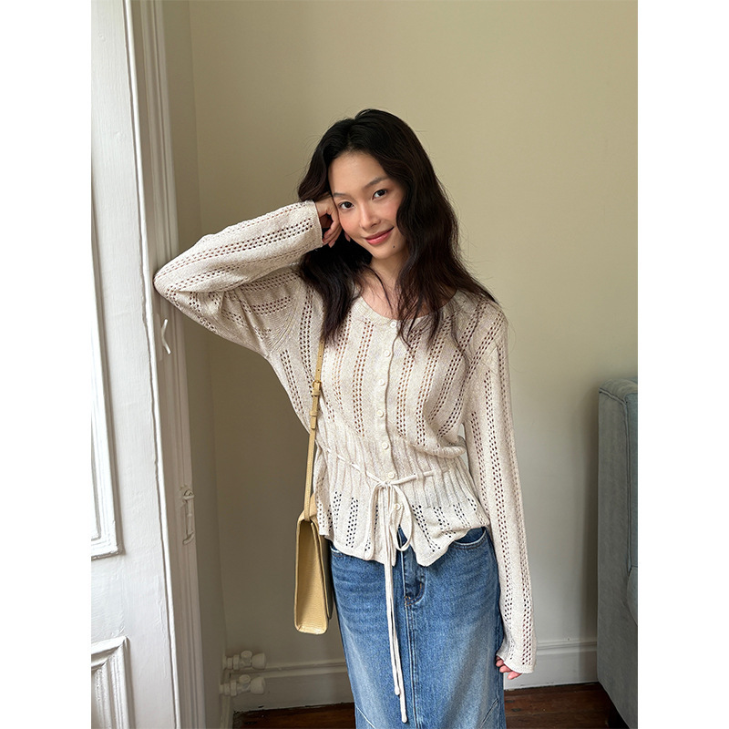 [Clearance No Returns] Korean Style Hollow Sweet Long-Sleeve Knitted Cardigan for Women 2025 Autumn New Model 19225