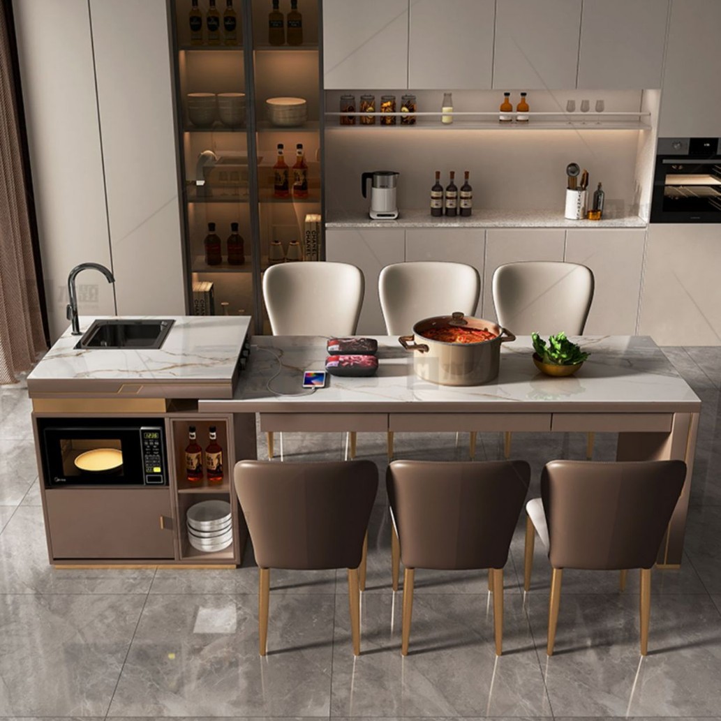 Mesa de comedor de mesa de mesa de mesa de la isla de Guotai, cocina integrada con fregadero, hogar retráctil moderno, combinación de mesa de comedor y silla de losa ligera de lujo