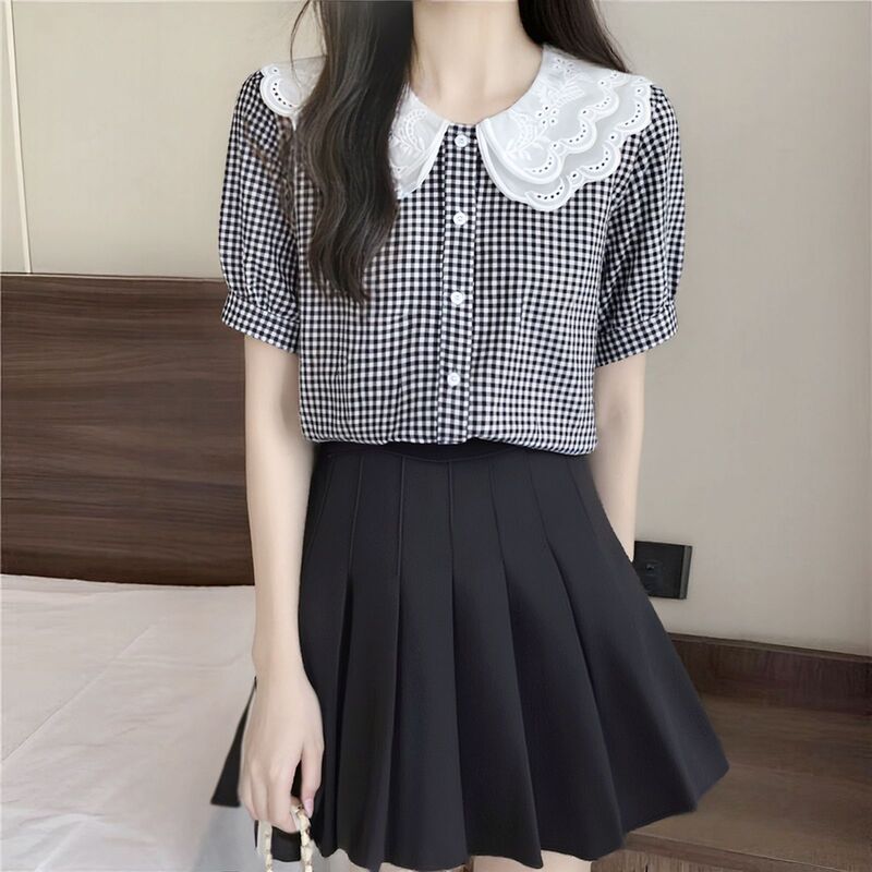 New Style Plaid Lace Doll Collar Short-Sleeved Shirt, Plus Size Women's Clothing, Stylish Design, Loose Fit, Slimming and Breathable Shirt