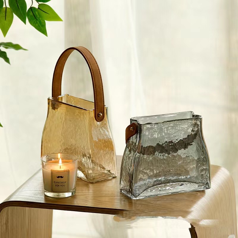 Vase Glass Creative High-End Light Luxury Transparent Fresh Flowers Water-Raised Rose Handbag Stand Living Room Flower Arrangement
