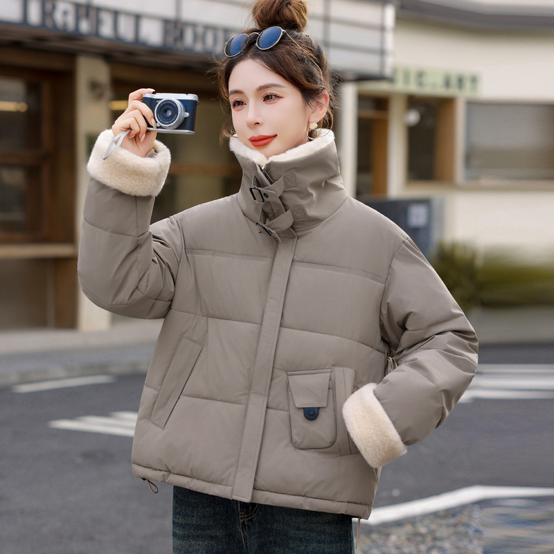 欧货外贸短款羽绒棉服女2025冬季小个子洋气羊羔毛翻领时尚棉衣女|undefined
