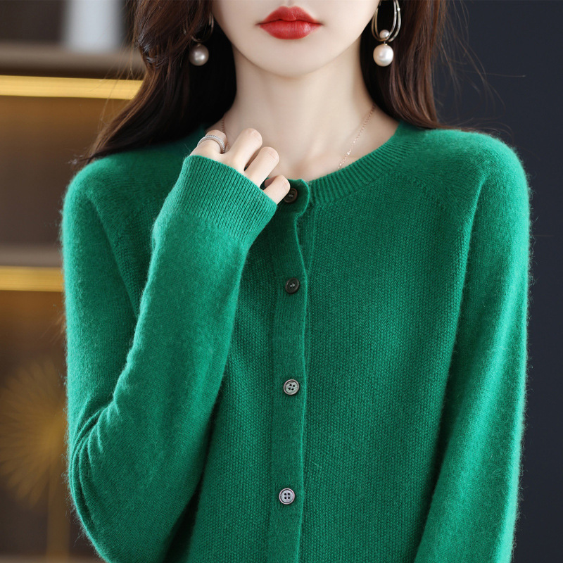 Cárdigan de Punto de Lana para Mujer Lana Cuello Redondo, Manga Larga para Otoño e Invierno