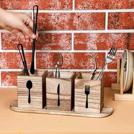 木质收纳盒厨房餐具收纳盒,带木托盘勺和叉架餐具银器支架餐具盒