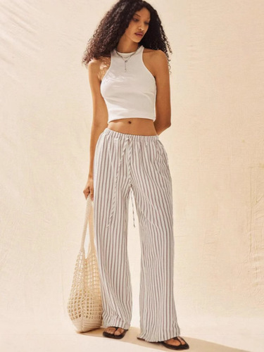 2025 European and American Cross-Border Spring/Summer New Women's Striped Cropped Casual Loose Printed Pocket Pants—Fashionable for Women