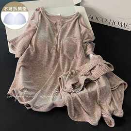 大码300斤简约睡衣少女夏季带胸垫短袖短裤显瘦慵懒风家居服套装