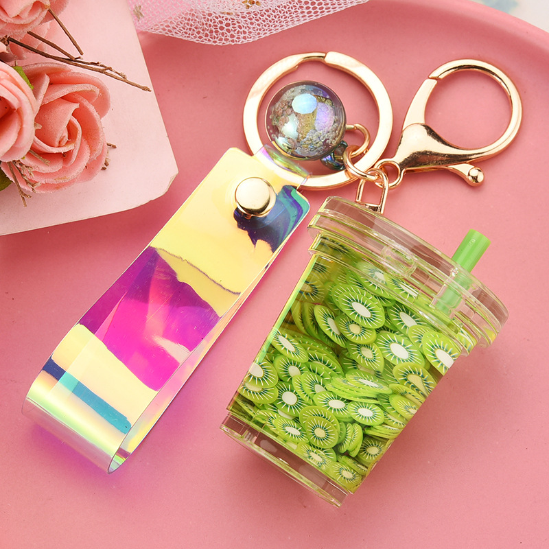 Creative Milk Tea Cup Simulation Fruit Piece Floating Leather Rope Key Chain Wholesale Nihaojewelry display picture 5