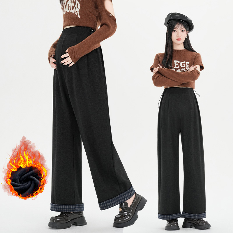 Real Shot of Maternity Pants for Autumn and Winter, Fleece-Lined and Thickened, Retro Loose Straight-Leg Casual Wide-Leg Pants with a Slimming Effect