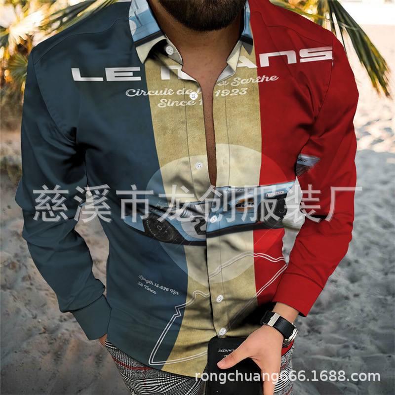 2021 AliExpress foreign trade new autumn lapel 3D car printing casual spot loose youth long sleeve shirt