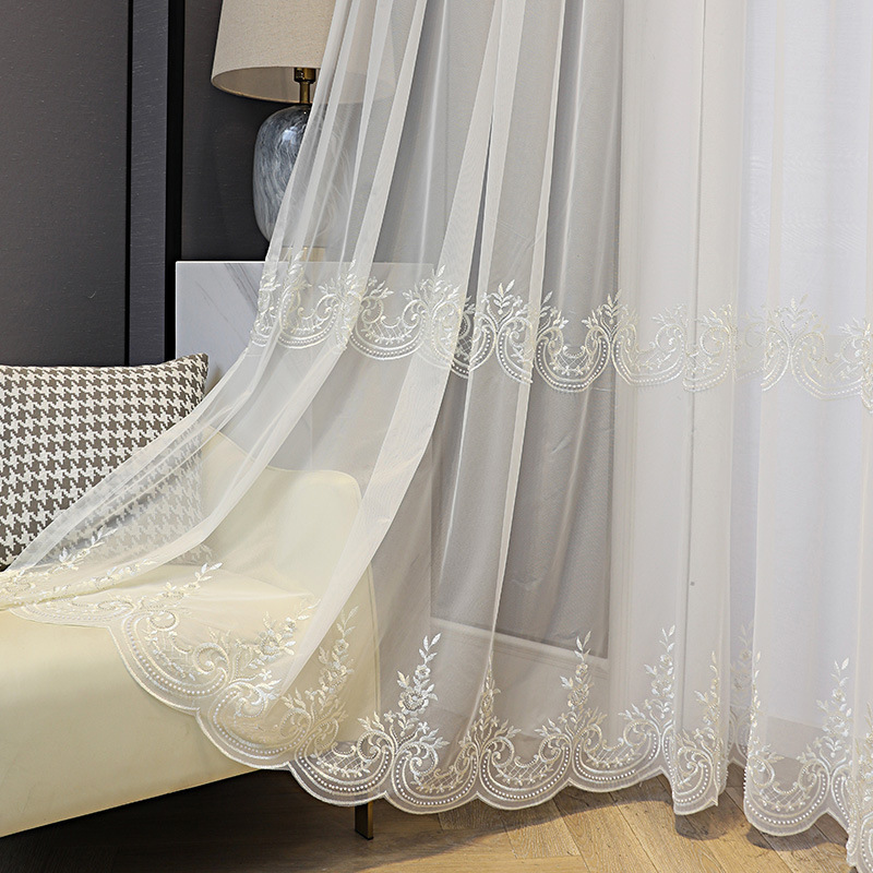Factory wholesale light luxury beaded white gauze embroidered window gauze Joker dining room living room bedroom balcony transparent partition cross-border