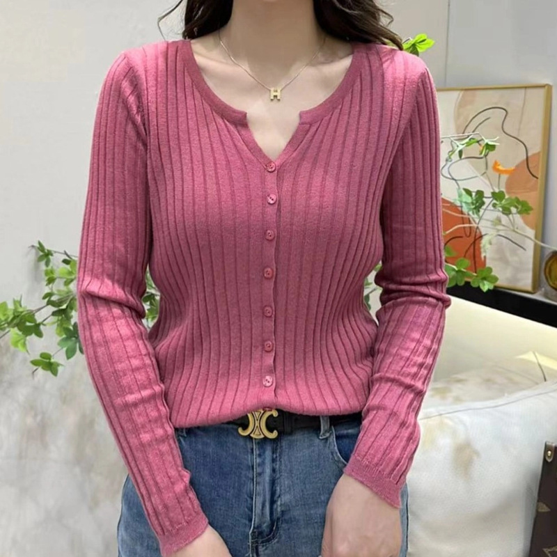 Korean Style Long-Sleeved Fashionable Knit Sweater, Versatile for Spring and Autumn, Ribbed Design Knit Cardigan, Round Neck Top, One-Piece Wholesale