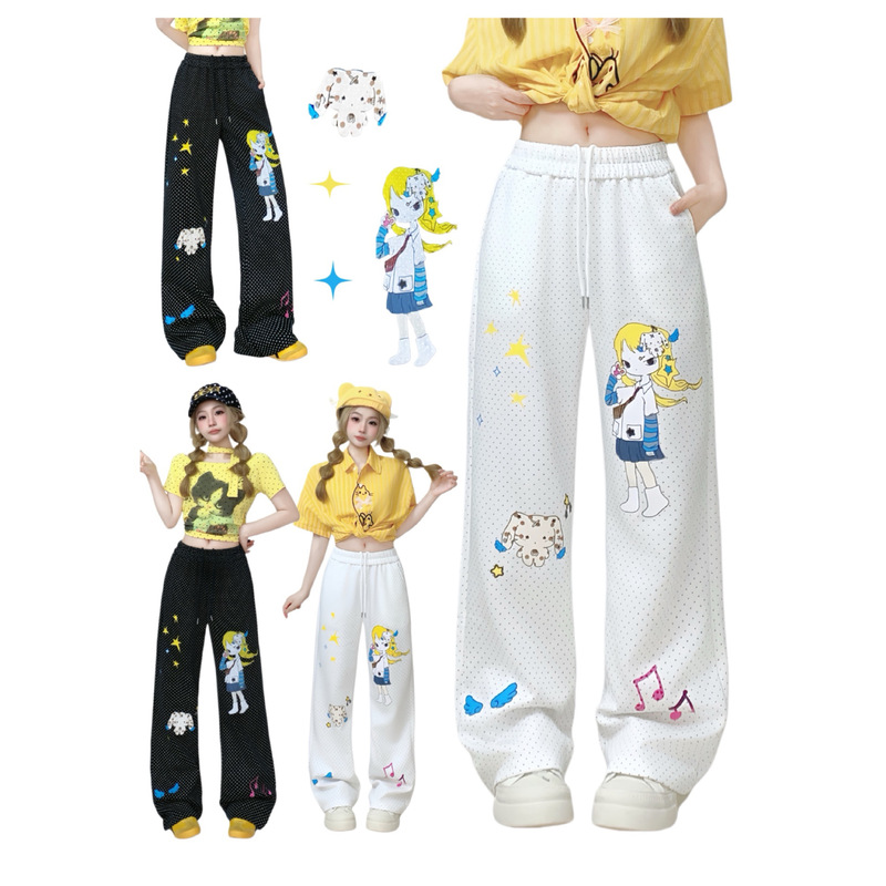 Cute and trendy polka dot cartoon character casual pants for women, 2026 spring/summer new style, slimming and versatile straight-leg trousers Cute and trendy polka dot cartoon character casual pants for women, 2026 spring/summer new style, slimming and versatile straight-leg trousers