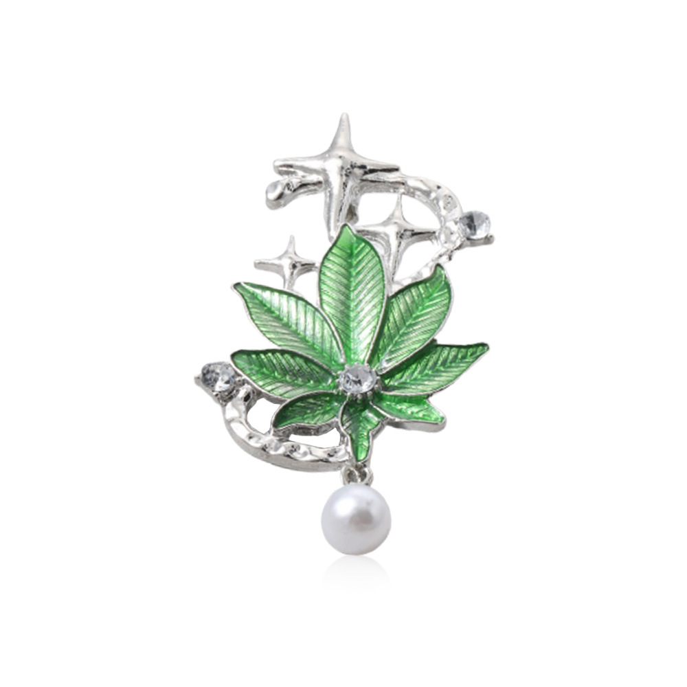 Damen Brosche Mit Perlen Und Grünem Blatt-stern Motiv_voghion.com