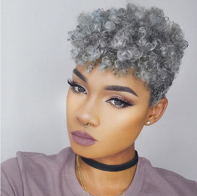 Amazon New Style Wig Women's Fashion Fluffy African Small Curly Gray Short Curly Rose Mesh Chemical Fiber Wig Headset